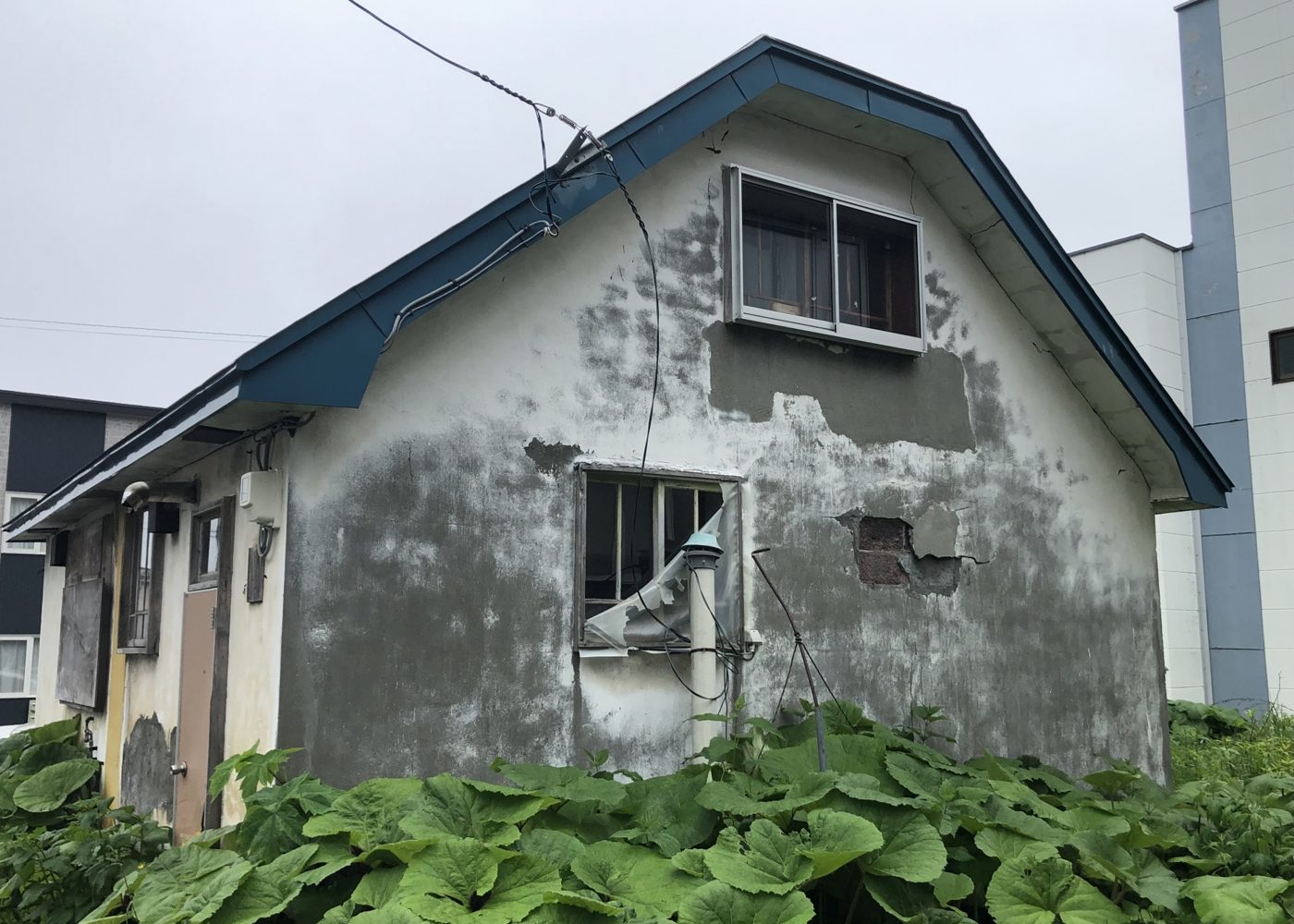 外壁が黒ずみ、草に囲まれた築年数の古い木造住宅