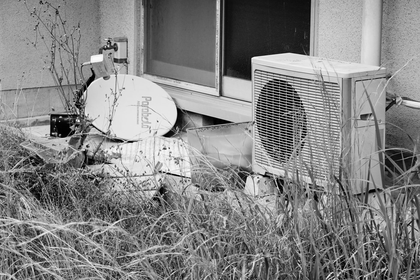 雑草が伸びた空き家の裏手と室外機