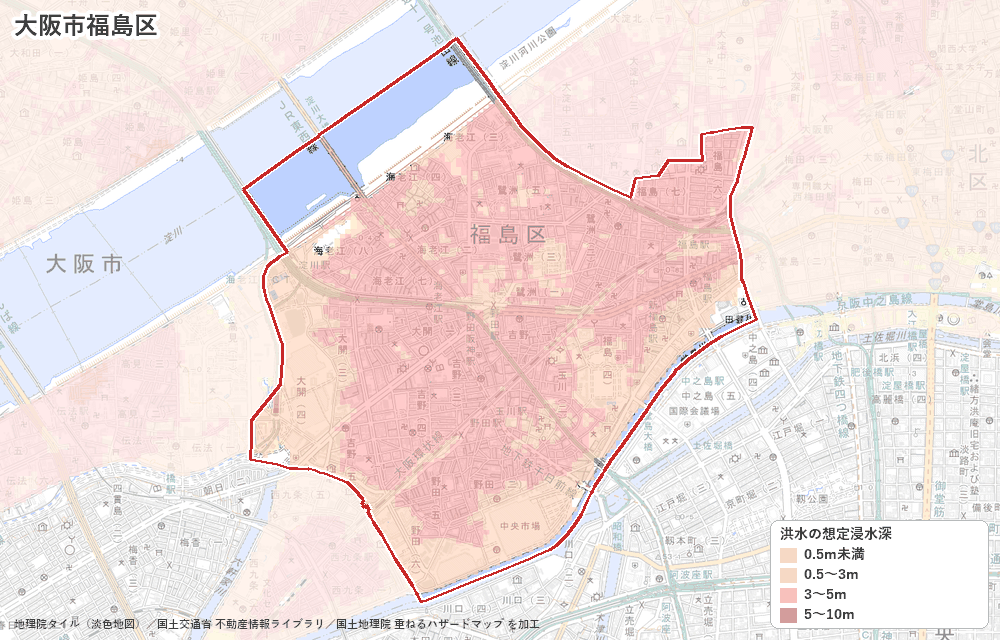 福島区の洪水浸水想定区域(想定最大規模)の地図