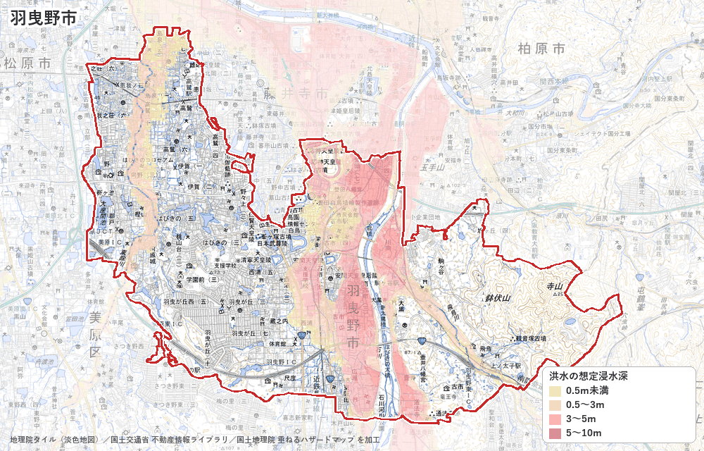 羽曳野市の洪水浸水想定区域（想定最大規模）の地図