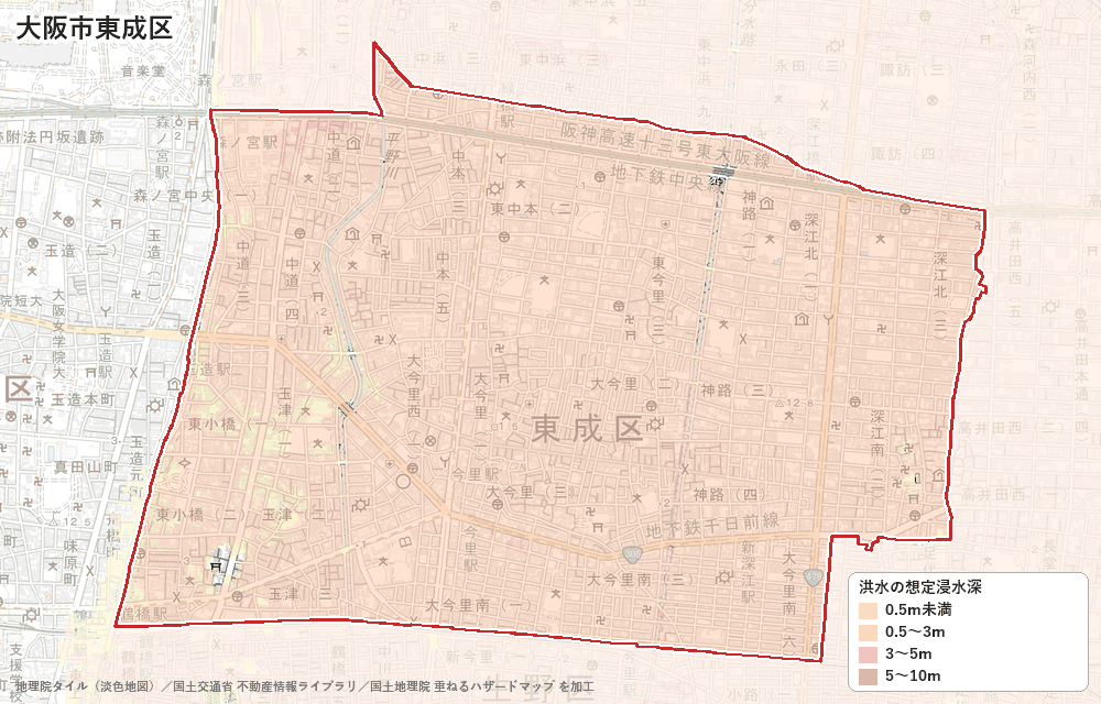 東成区の洪水浸水想定区域(想定最大規模)の地図