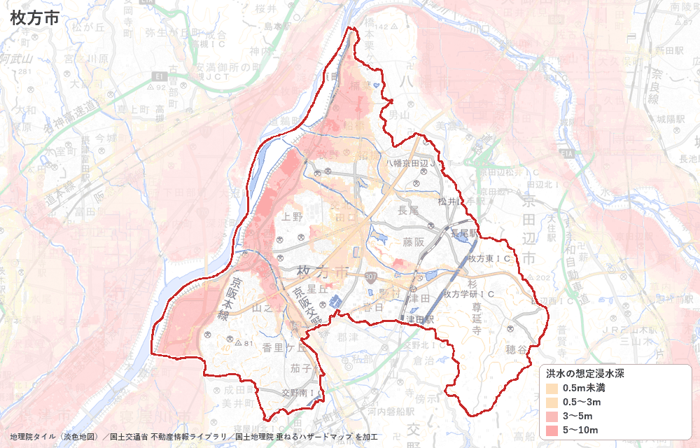 枚方市の洪水浸水想定区域(想定最大規模)の地図