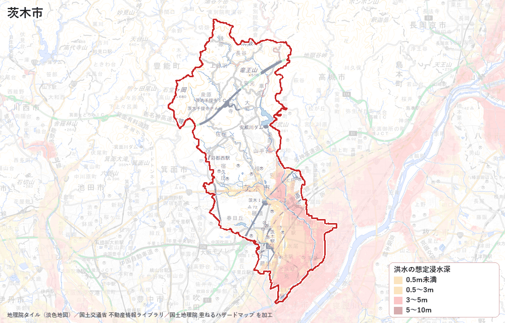 茨木市の洪水浸水想定区域(想定最大規模)の地図