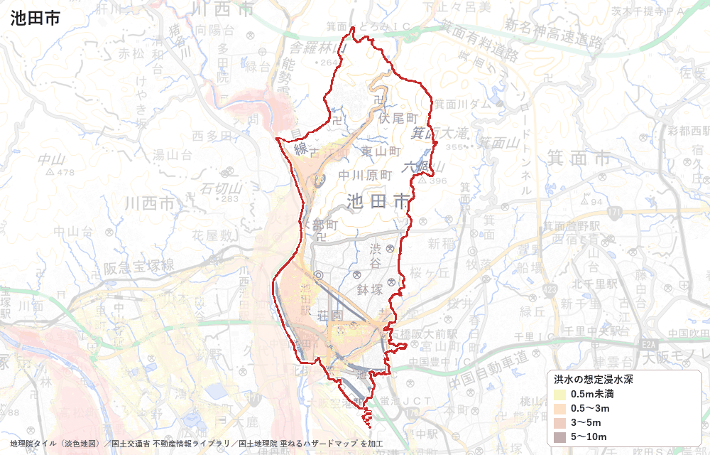 池田市の洪水浸水想定区域(想定最大規模)の地図