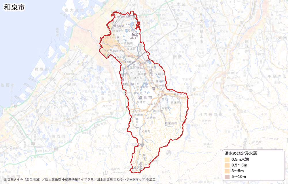 和泉市の洪水浸水想定区域(想定最大規模)の地図