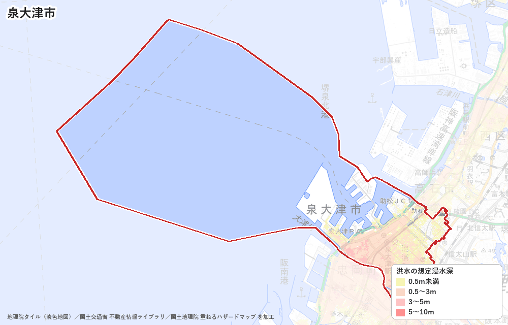 泉大津市の洪水浸水想定区域（想定最大規模）の地図