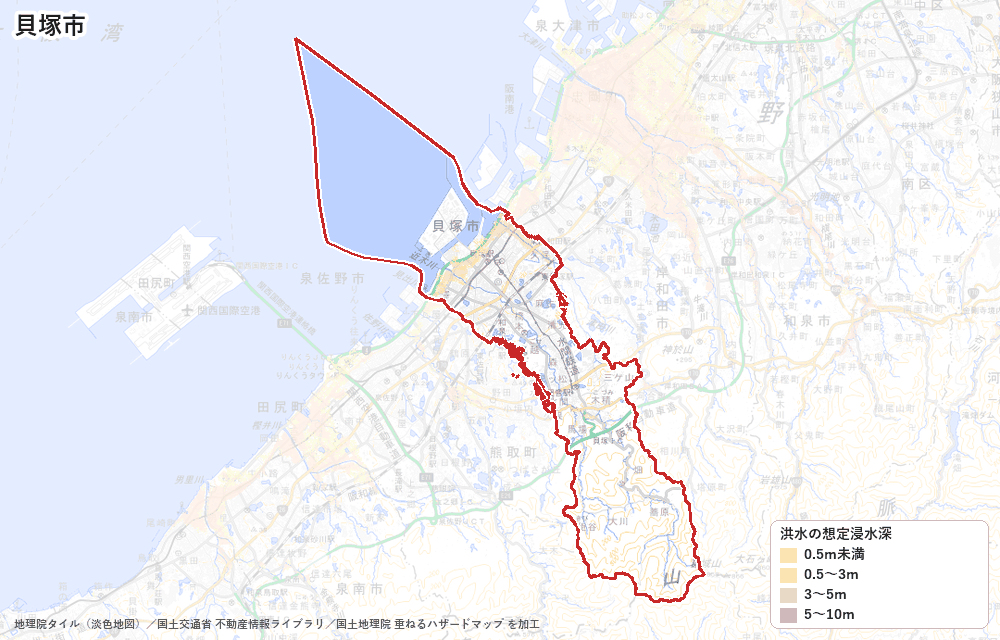 貝塚市の洪水浸水想定区域(想定最大規模)の地図