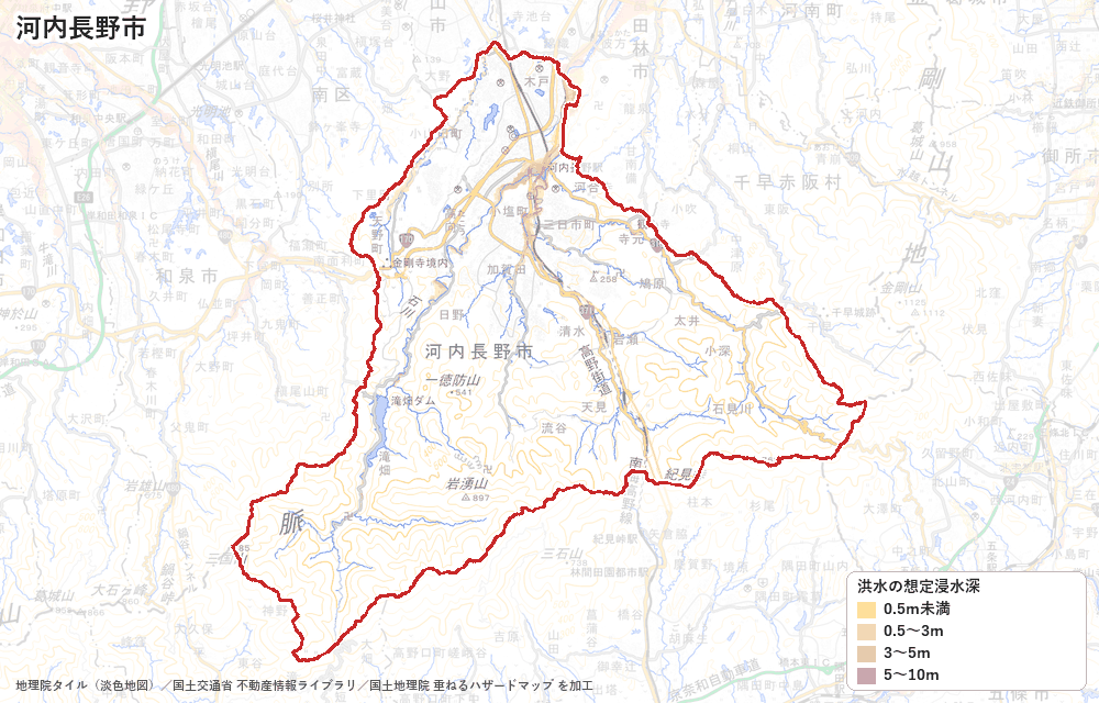 河内長野市の洪水浸水想定区域（想定最大規模）の地図
