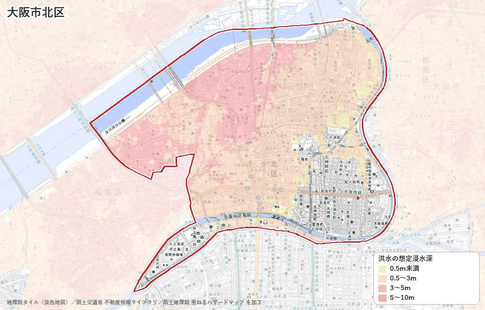 大阪市北区の洪水浸水想定区域(想定最大規模)の地図