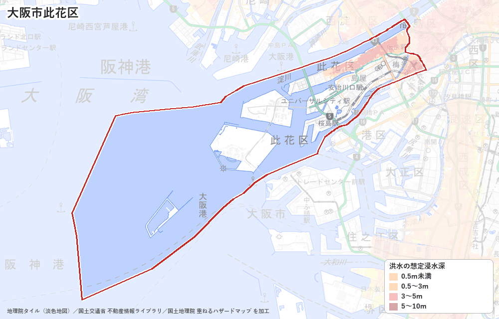 此花区の洪水浸水想定区域（想定最大規模）の地図