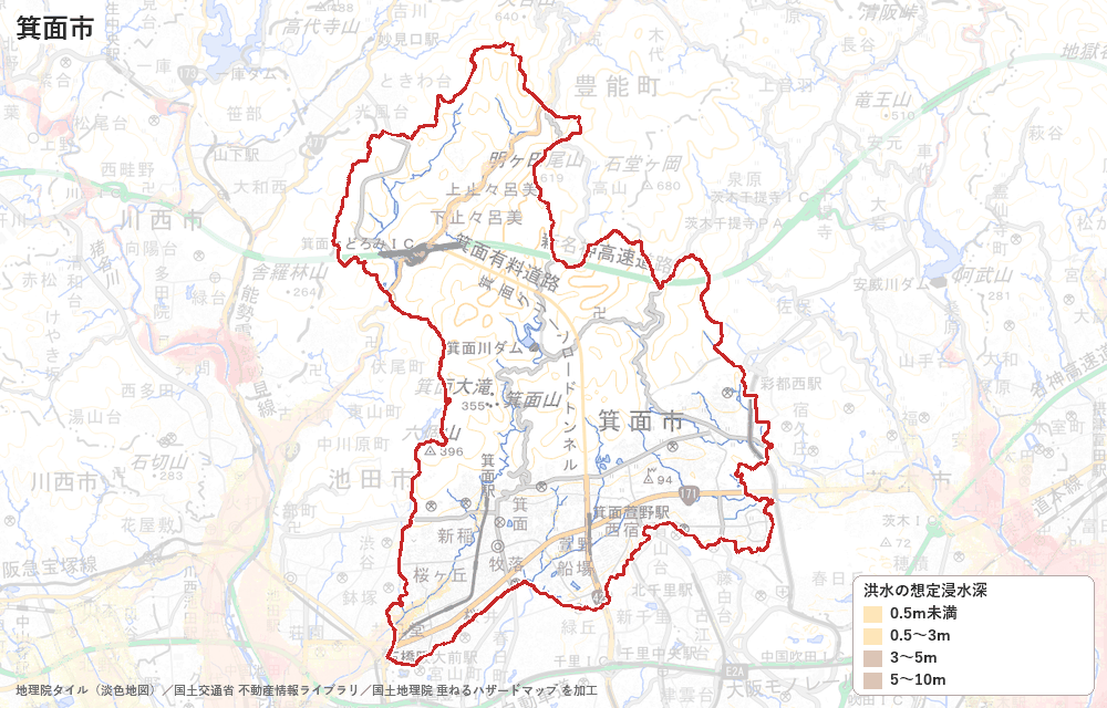 箕面市の洪水浸水想定区域(想定最大規模)の地図