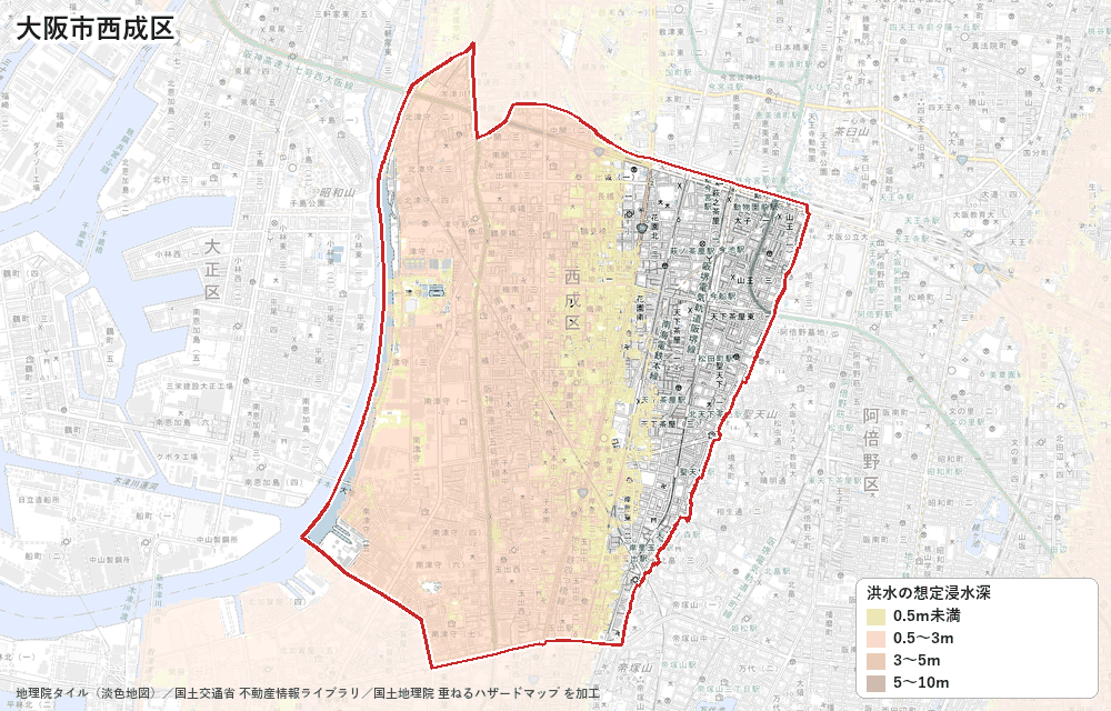 西成区の洪水浸水想定区域(想定最大規模)の地図