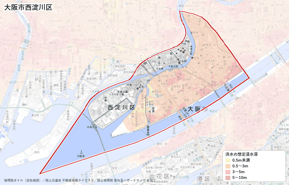 西淀川区の洪水浸水想定区域（想定最大規模）の地図
