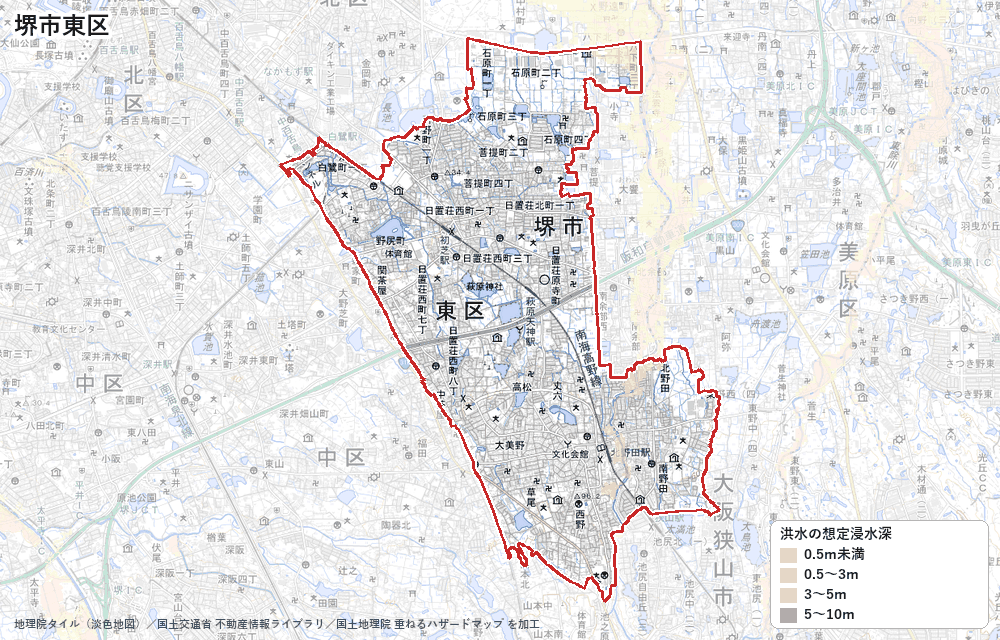 堺市東区の洪水浸水想定区域（想定最大規模）の地図