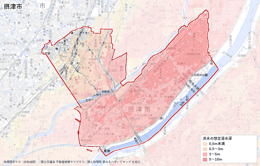 摂津市の洪水浸水想定区域(想定最大規模)の地図