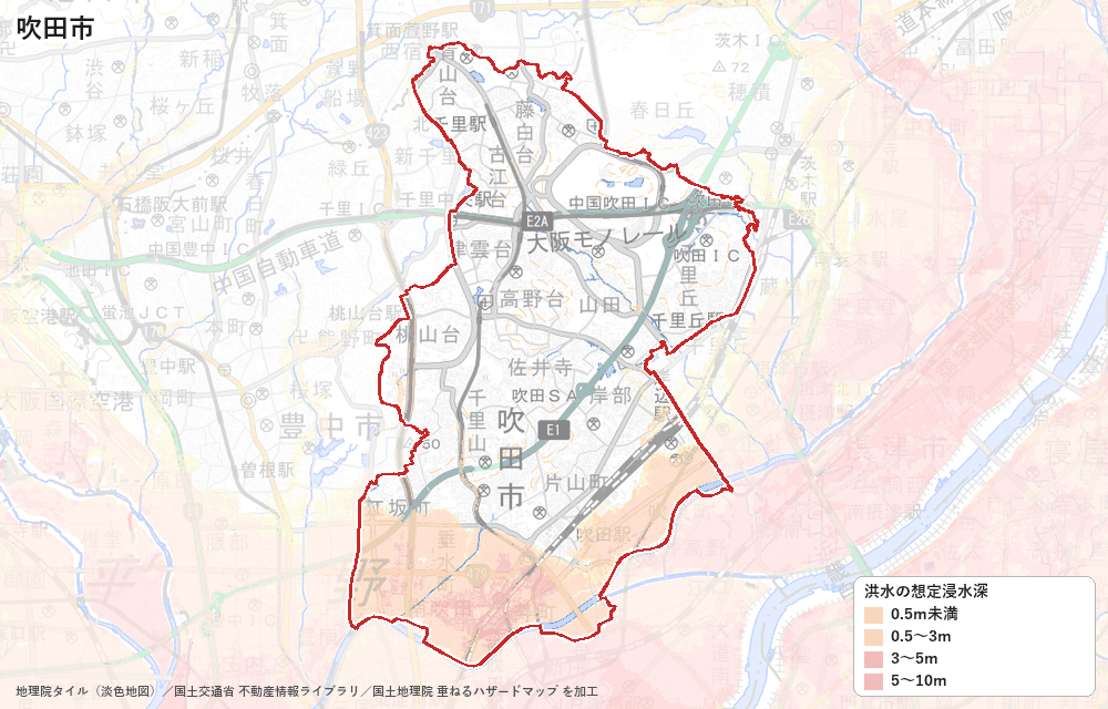 吹田市の洪水浸水想定区域（想定最大規模）の地図