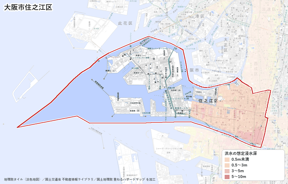 住之江区の洪水浸水想定区域(想定最大規模)の地図