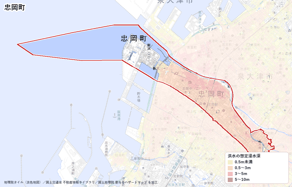 忠岡町の洪水浸水想定区域(想定最大規模)の地図