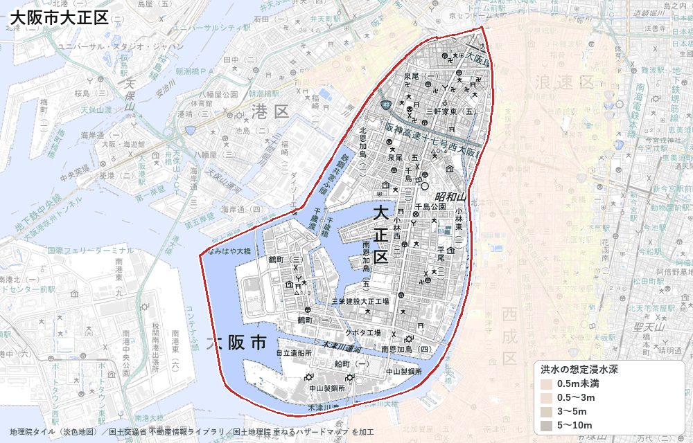 大正区の洪水浸水想定区域(想定最大規模)の地図