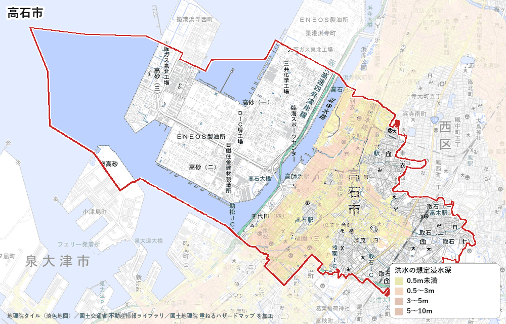 高石市の洪水浸水想定区域(想定最大規模)の地図