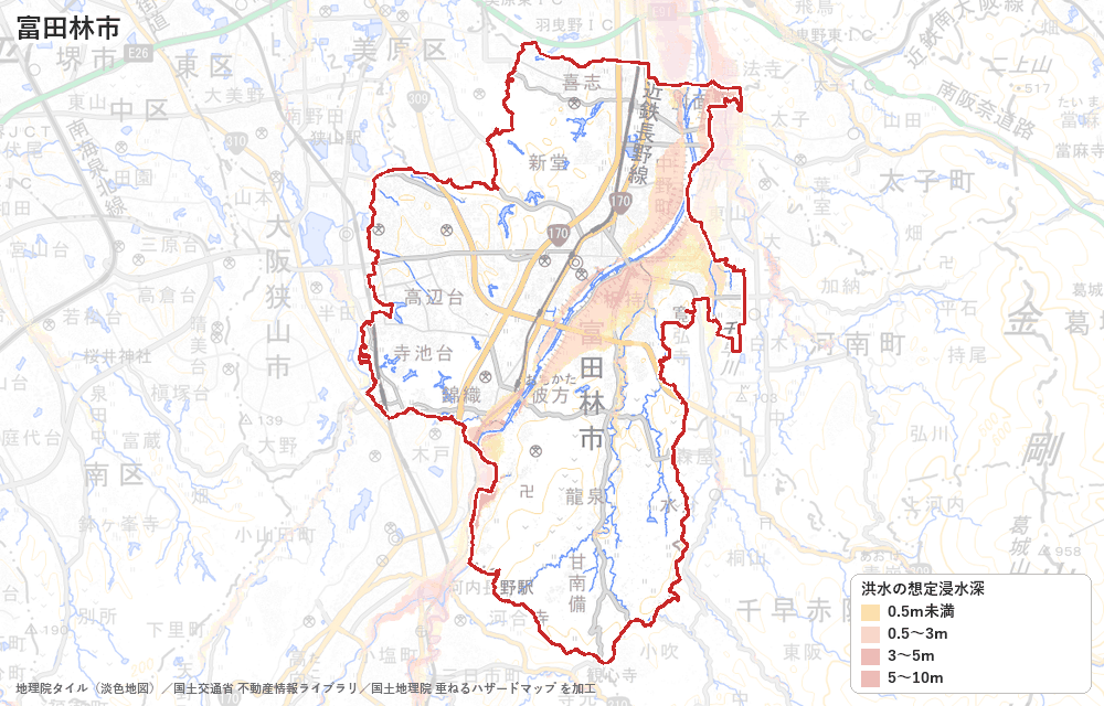 富田林市の洪水浸水想定区域（想定最大規模）の地図