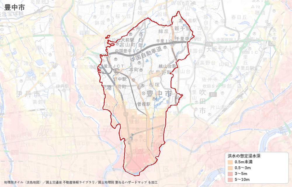 豊中市の洪水浸水想定区域（想定最大規模）の地図